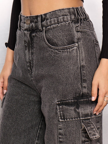 Women Grey Washed Cargo Jeans