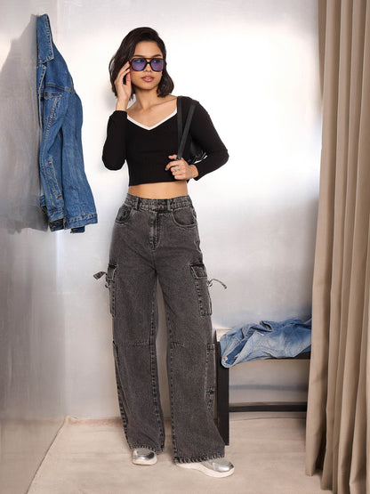Women Grey Washed Cargo Jeans