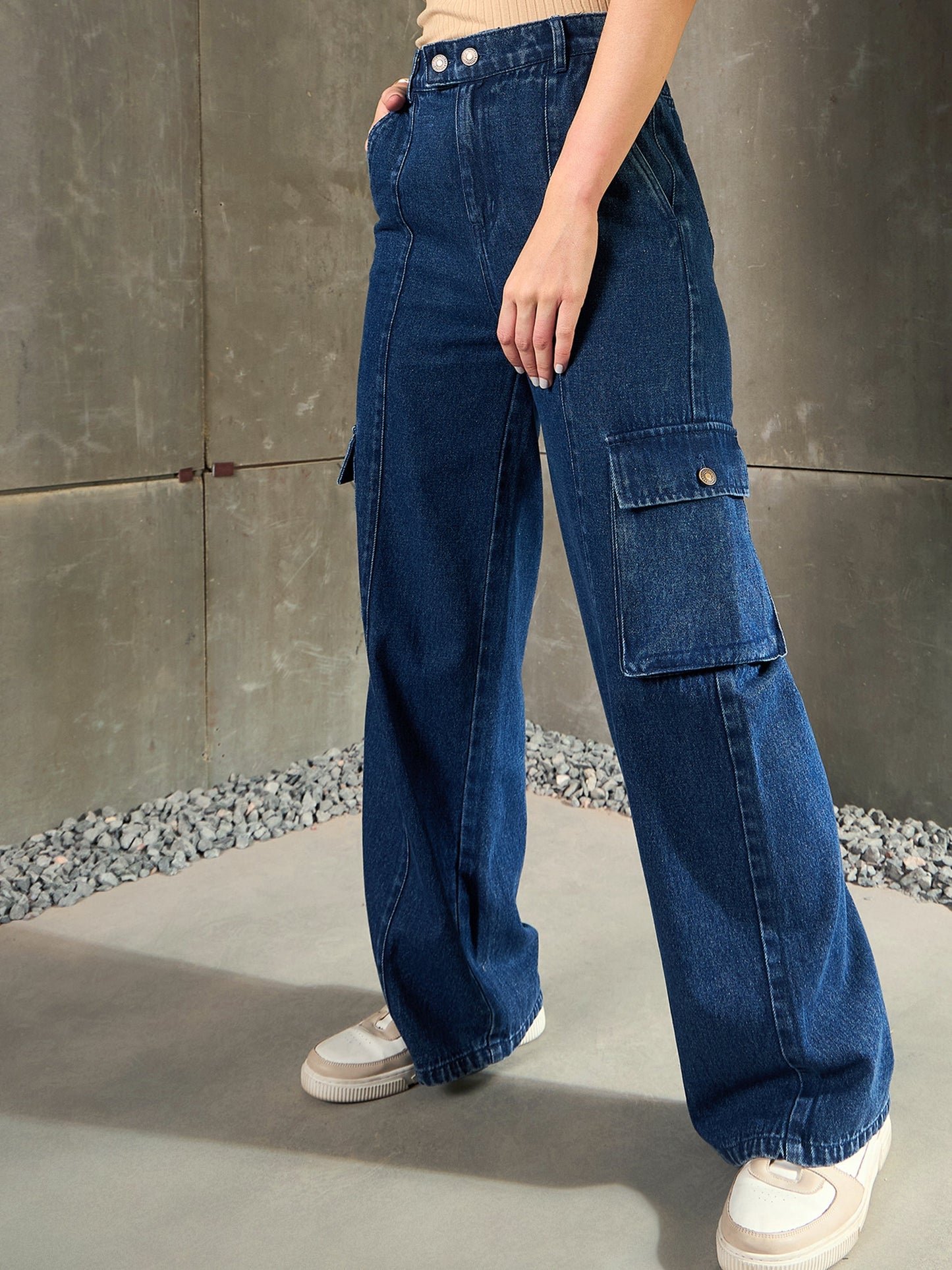Navy Blue Double Button Closure Cargo Jeans