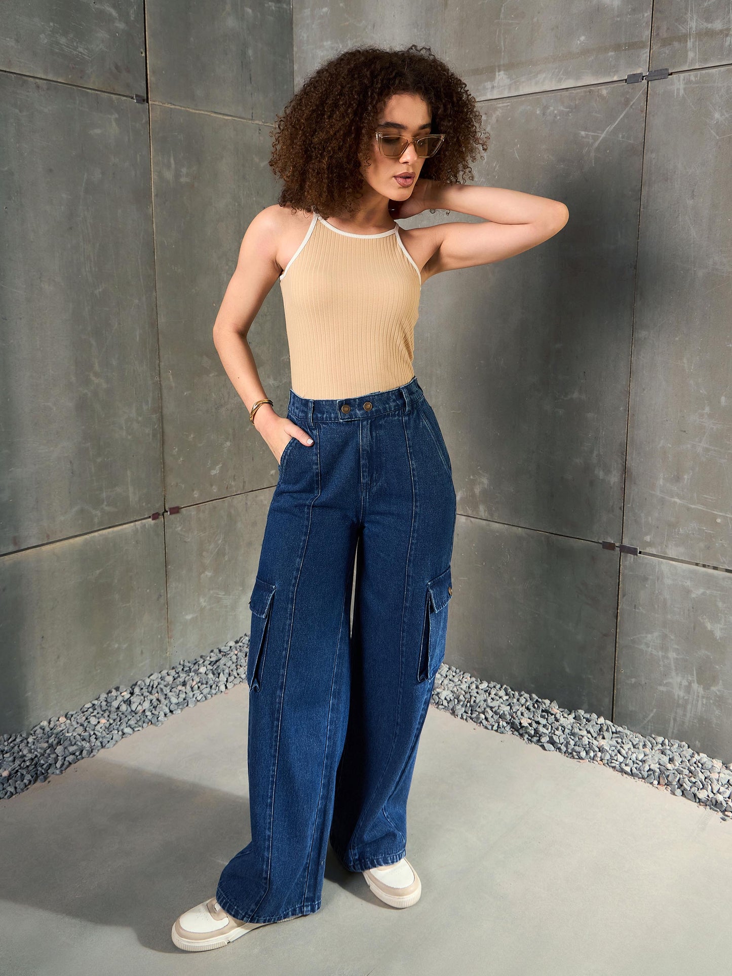 Navy Blue Double Button Closure Cargo Jeans