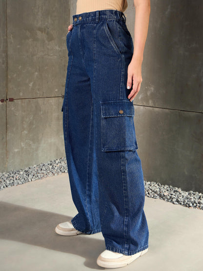 Navy Blue Double Button Closure Cargo Jeans