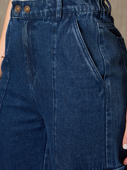 Navy Blue Double Button Closure Cargo Jeans