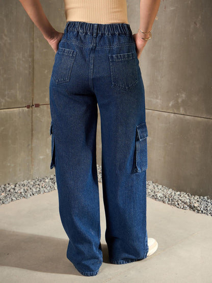 Navy Blue Double Button Closure Cargo Jeans