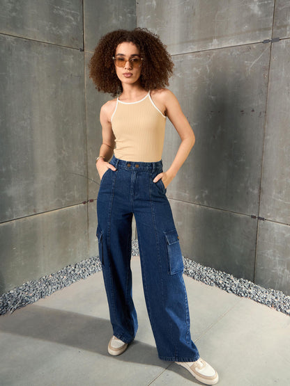 Navy Blue Double Button Closure Cargo Jeans