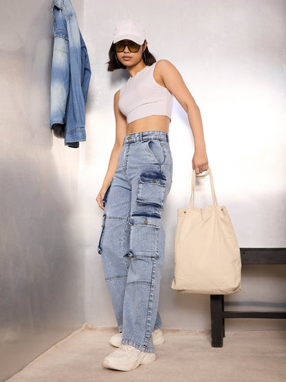 Women Blue Cargo Pockets Jeans