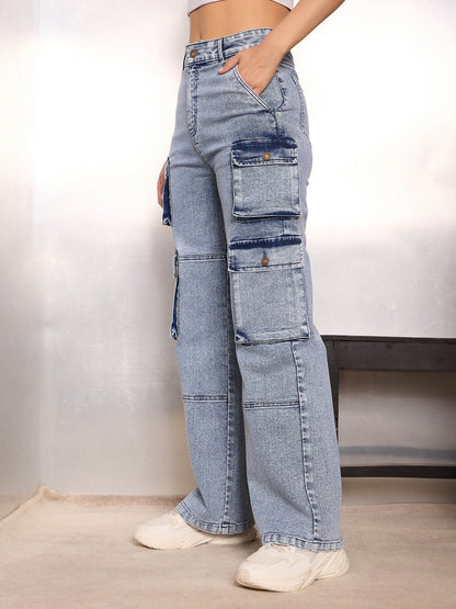 Women Blue Cargo Pockets Jeans