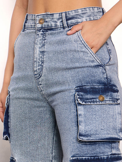 Women Blue Cargo Pockets Jeans