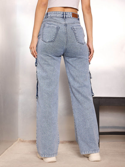 Women Blue Cargo Pockets Jeans