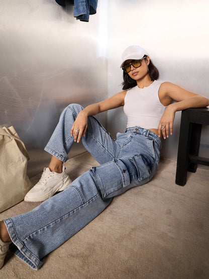 Women Blue Cargo Pockets Jeans