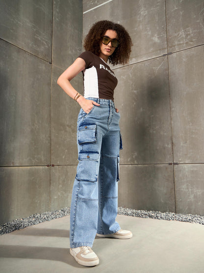 Women Blue Cargo Pockets Jeans