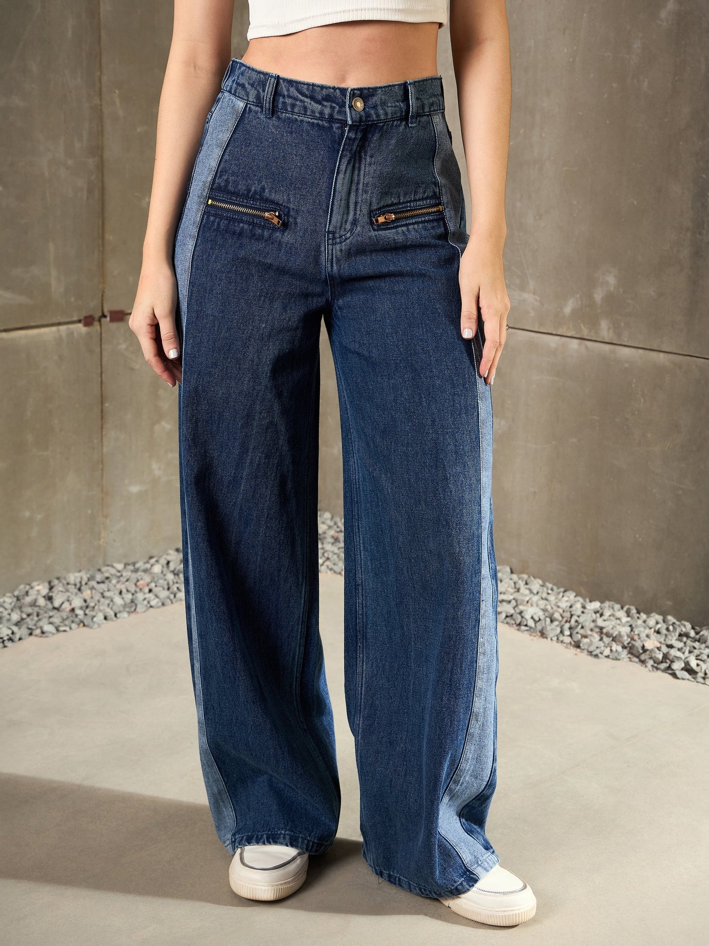 Women Navy Blue Colo Block Zipper Detail Wide Leg Jeans