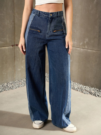 Women Navy Blue Colo Block Zipper Detail Wide Leg Jeans