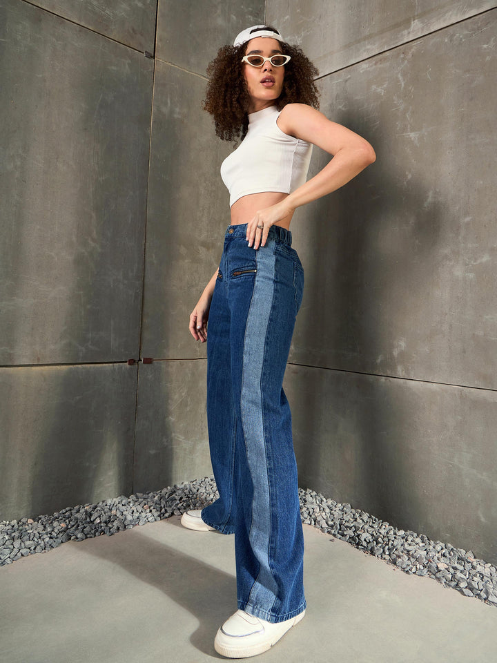 Women Navy Colo Block Zipper Detail Wide Leg Jeans