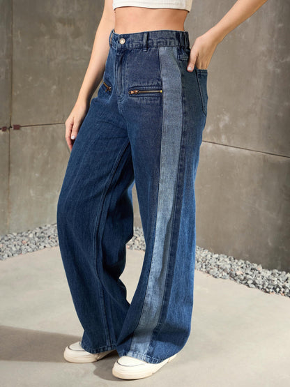 Women Navy Blue Colo Block Zipper Detail Wide Leg Jeans