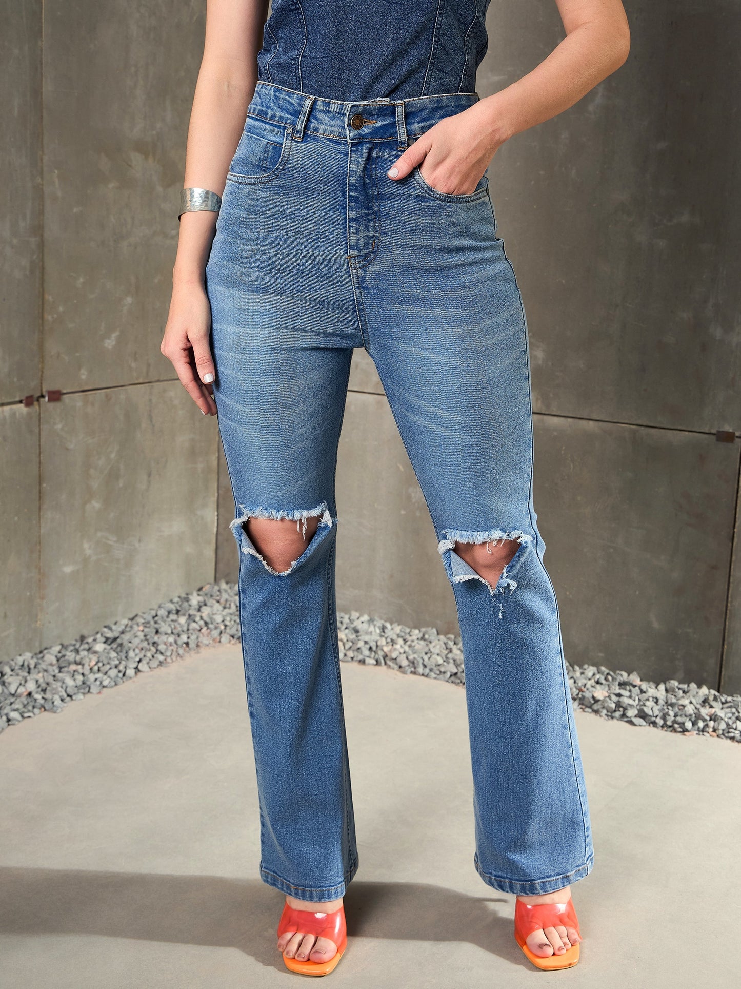 Blue Denim Knee Cut Bell Bottom Jeans