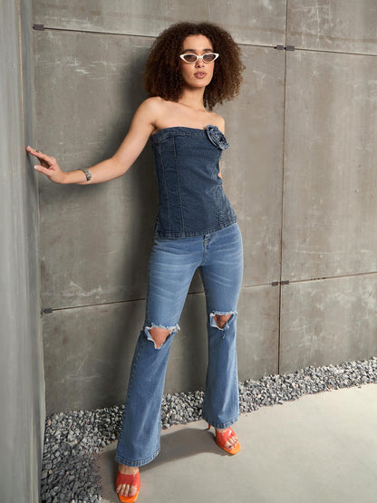 Blue Denim Knee Cut Bell Bottom Jeans