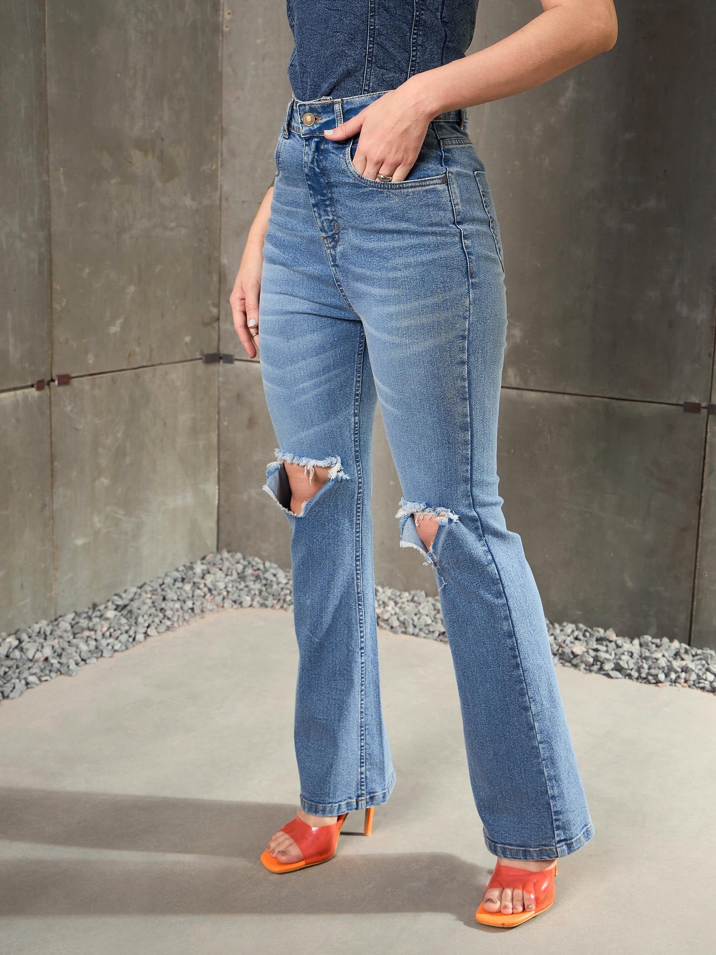 Blue Denim Knee Cut Bell Bottom Jeans