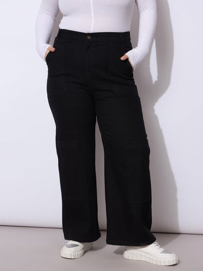 Black Side Pockets Straight Cargo Jeans