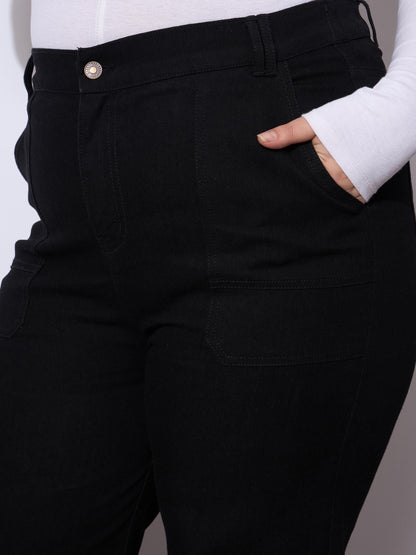 Black Side Pockets Straight Cargo Jeans
