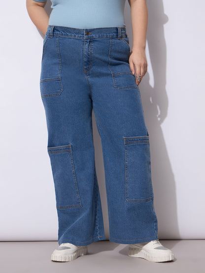 Blue Wash Side Pockets Straight Cargo Jeans