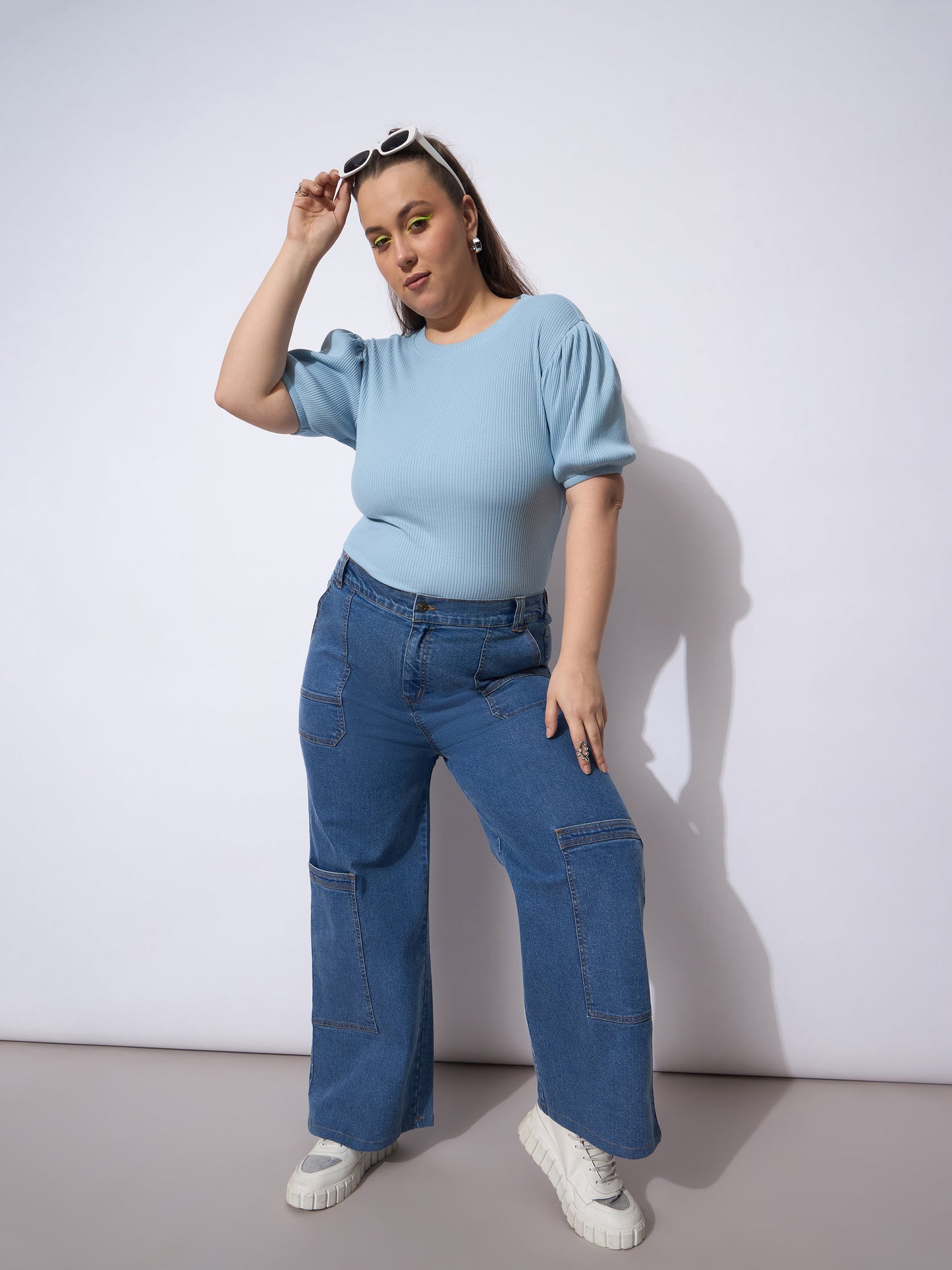Blue Wash Side Pockets Straight Cargo Jeans