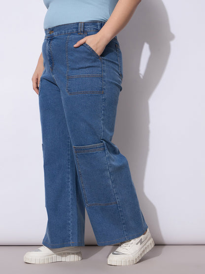 Blue Wash Side Pockets Straight Cargo Jeans