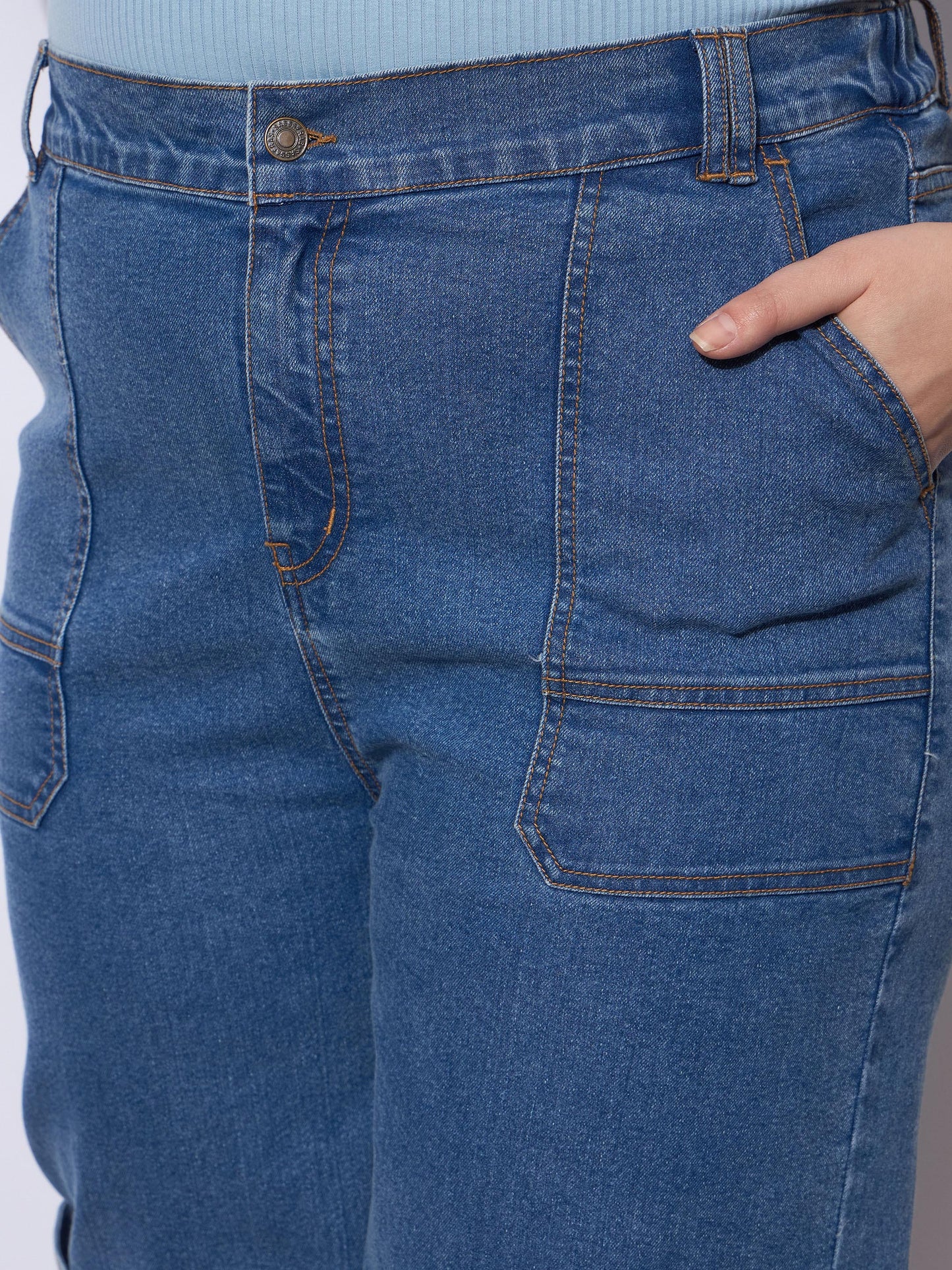 Blue Wash Side Pockets Straight Cargo Jeans