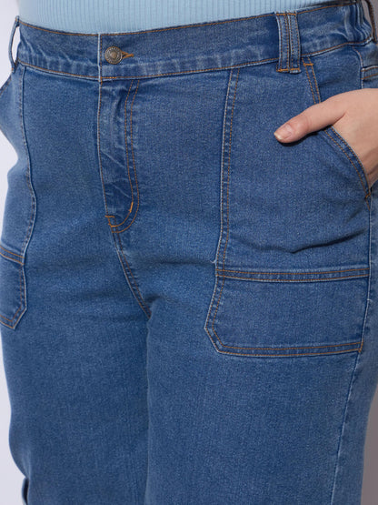 Blue Wash Side Pockets Straight Cargo Jeans
