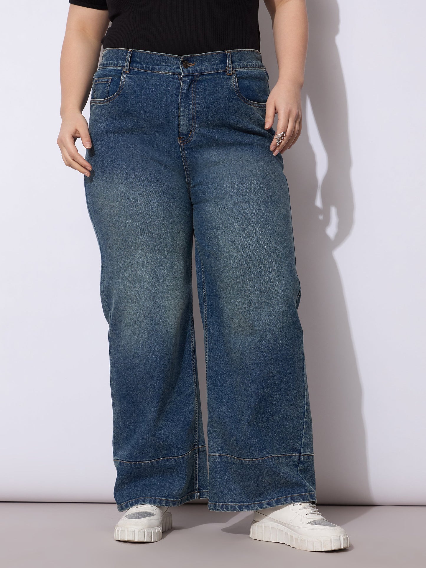 Navy Wash Hem Seam Straight Fit Jeans