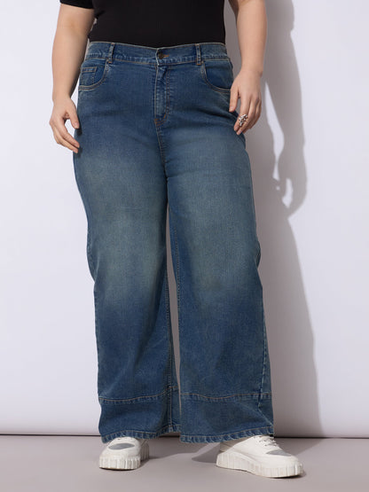 Navy Wash Hem Seam Straight Fit Jeans