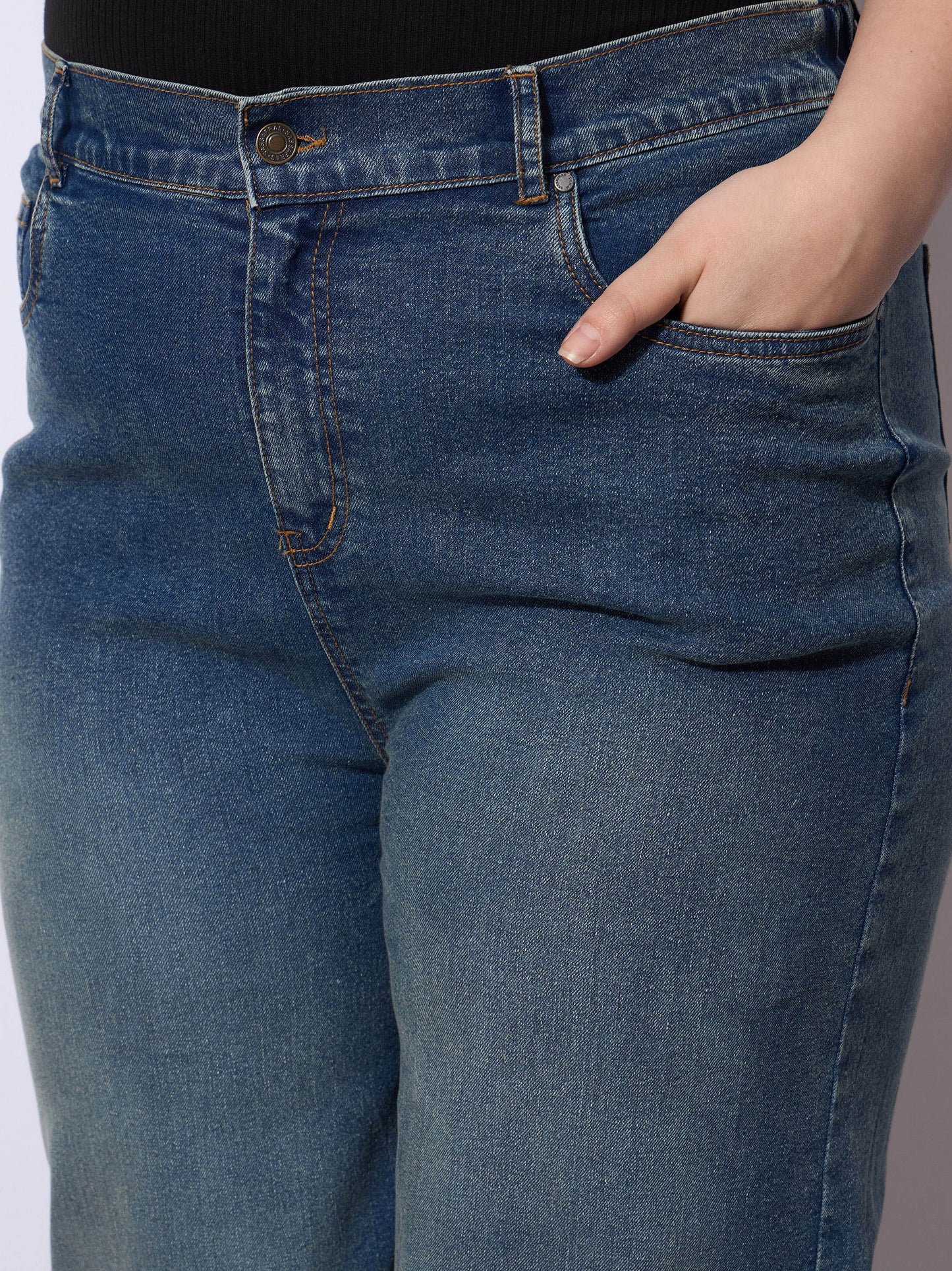 Navy Wash Hem Seam Straight Fit Jeans