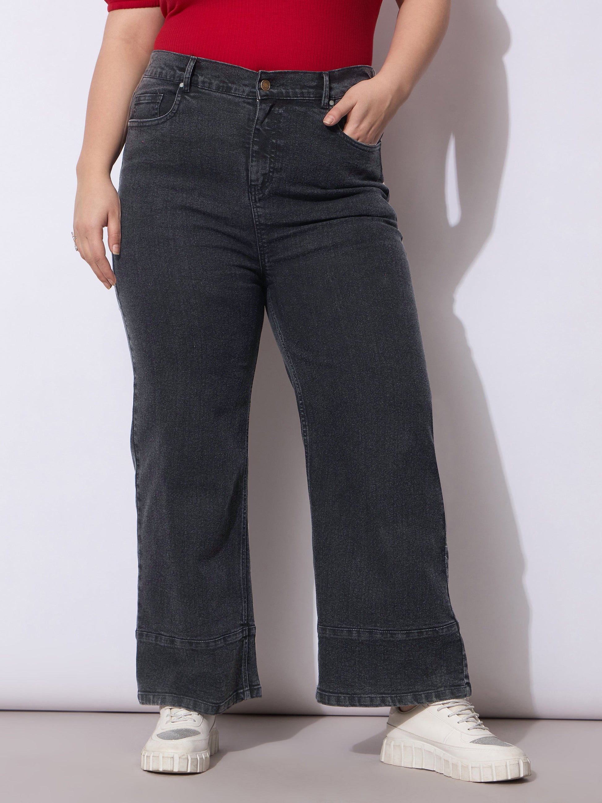 Plus size women's Black Denim Black Wash Hem Seam Straight Fit Jeans by Sassafras Curve for wholesale buyers, boutiques, resellers and bulk orders
