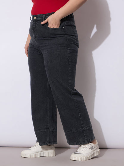 Women Black Wash Hem Seam Straight Fit Jeans