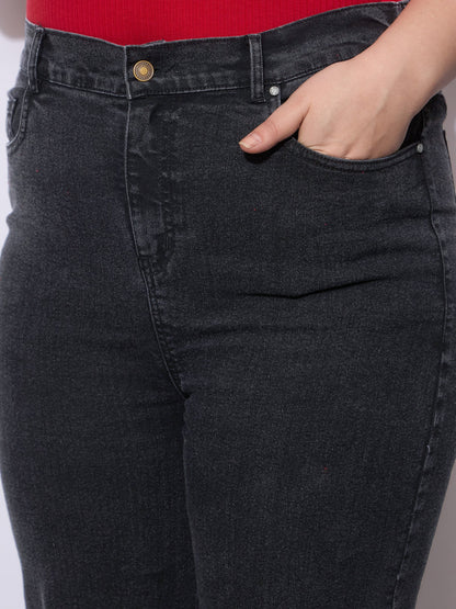 Women Black Wash Hem Seam Straight Fit Jeans