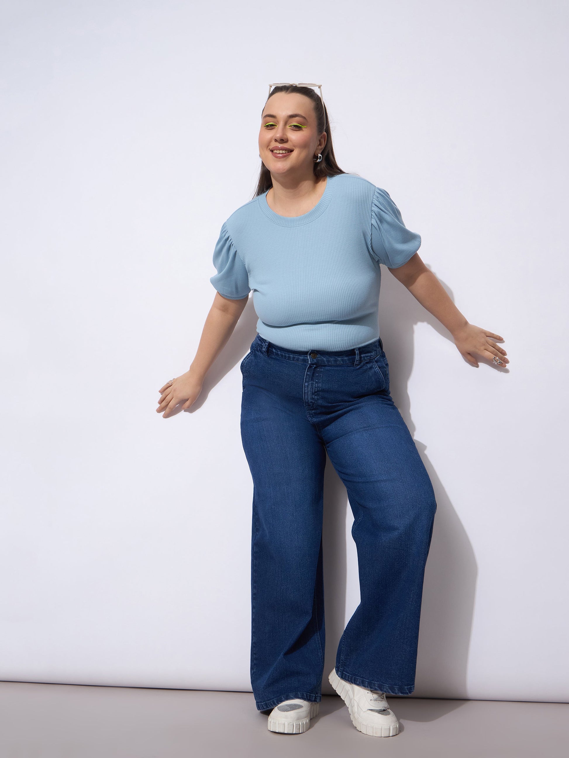 Navy Acid Wash Straight Fit Jeans-SASSAFRAS Curve