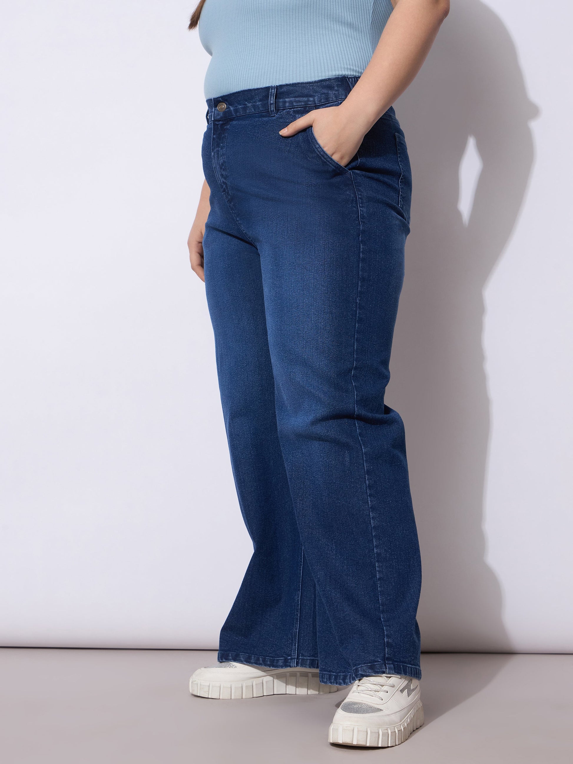 Navy Acid Wash Straight Fit Jeans-SASSAFRAS Curve