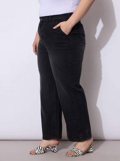 Black Acid Wash Straight Fit Jeans