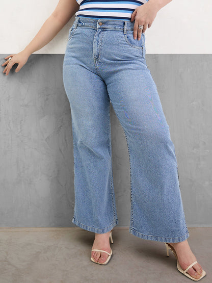 Ice Blue Hem Slit Straight Jeans