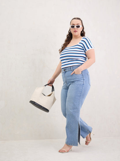 Ice Blue Hem Slit Straight Jeans