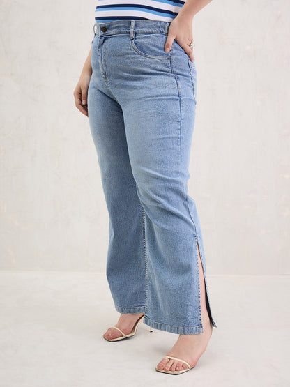 Ice Blue Hem Slit Straight Jeans