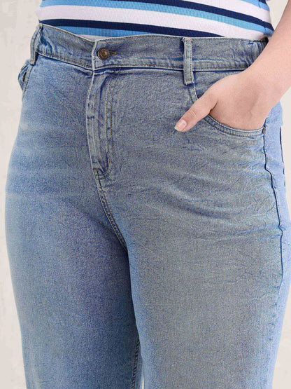 Ice Blue Hem Slit Straight Jeans