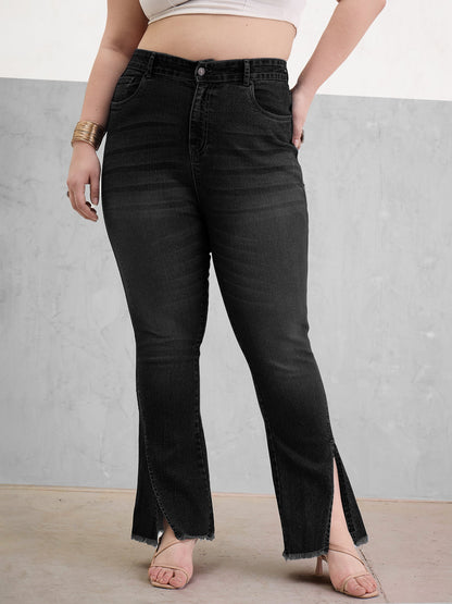 Black Wash Front Slit Fitted Jeans