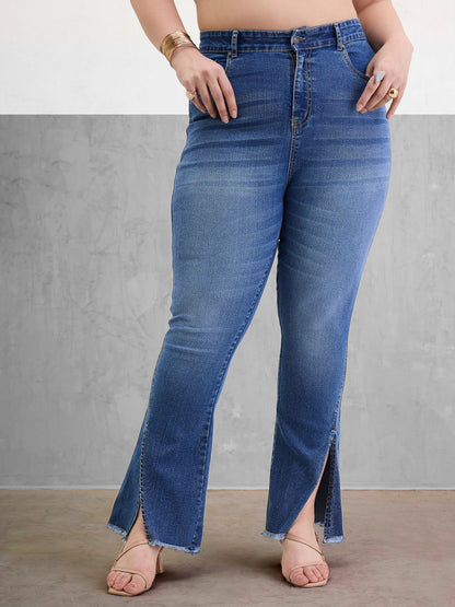 Blue Wash Front Slit Fitted Jeans