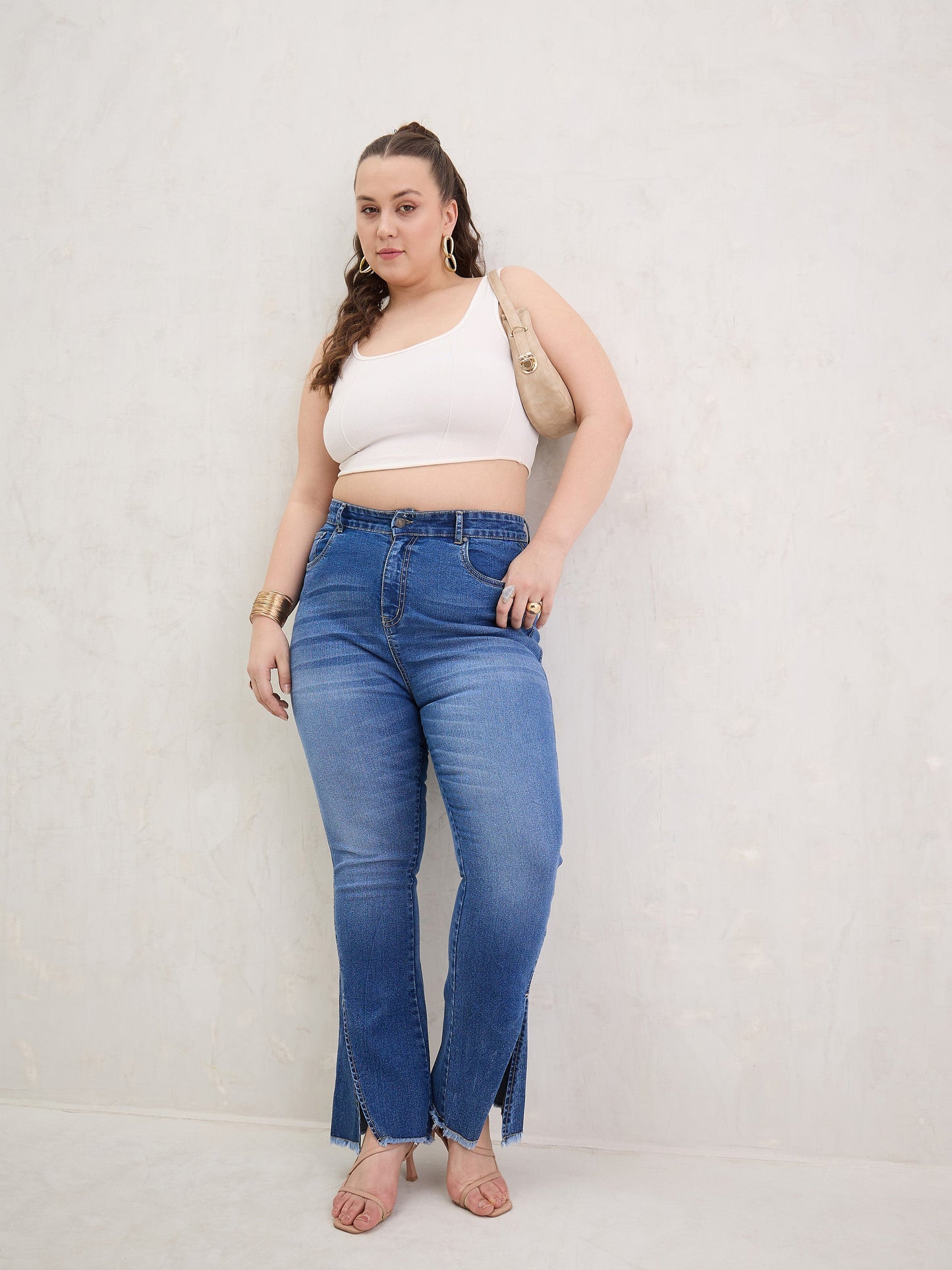 Blue Wash Front Slit Fitted Jeans