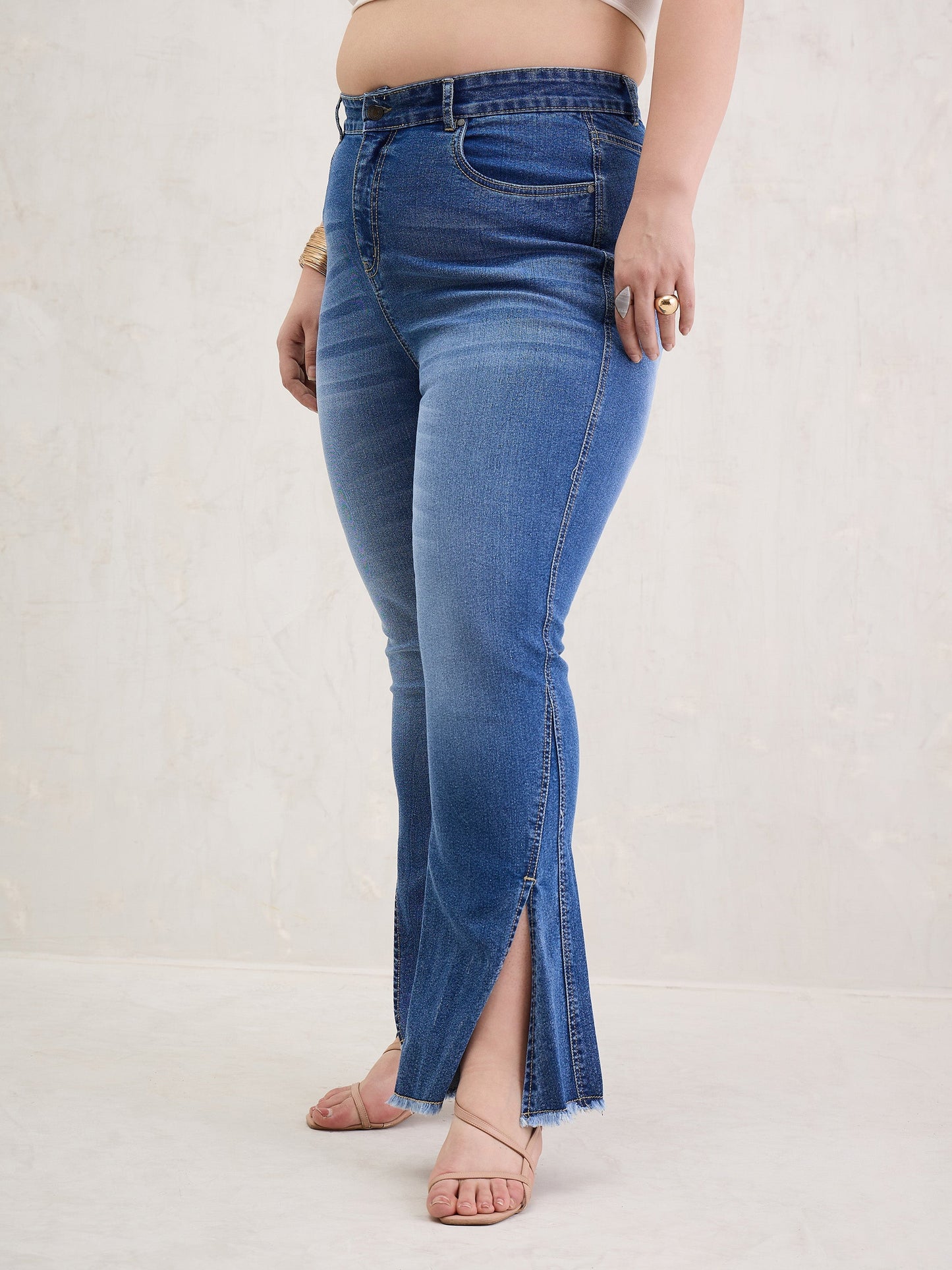 Blue Wash Front Slit Fitted Jeans