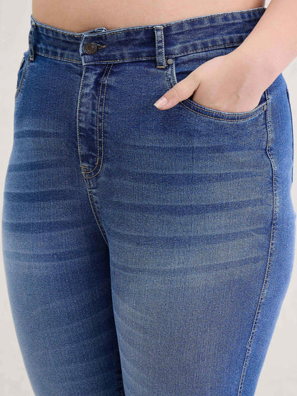 Blue Wash Front Slit Fitted Jeans