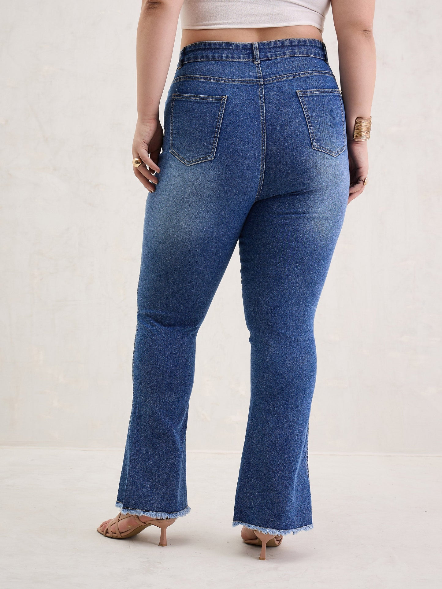 Blue Wash Front Slit Fitted Jeans