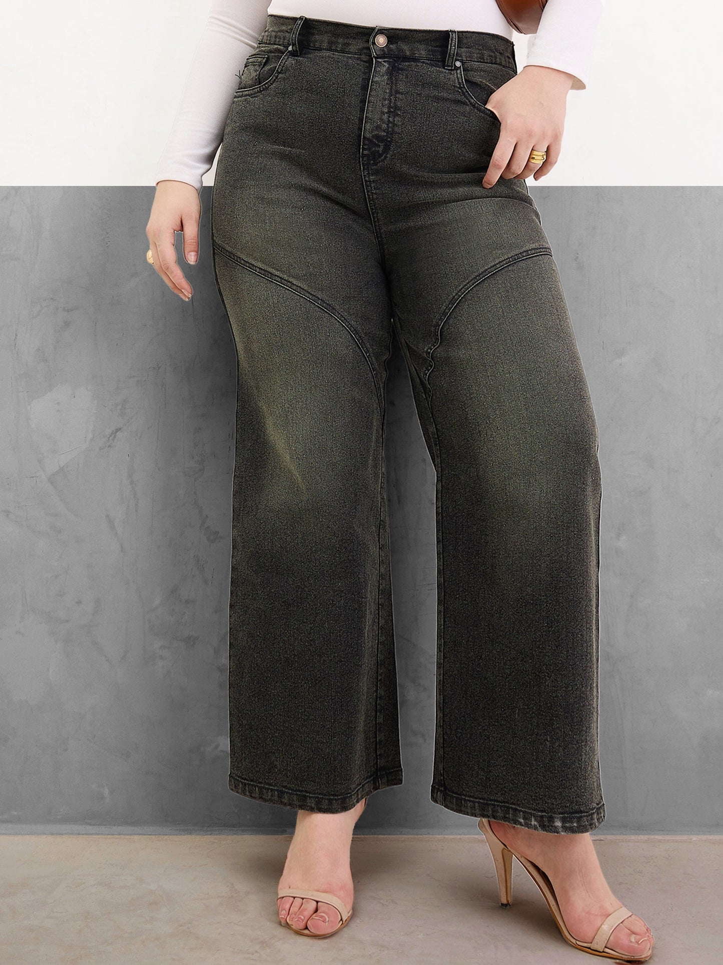Black Acid Wash Front Stitch Straight Jeans