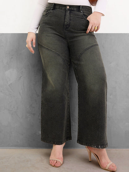 Black Acid Wash Front Stitch Straight Jeans