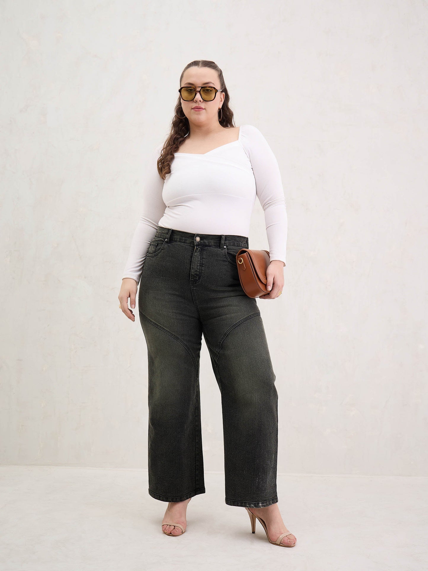 Black Acid Wash Front Stitch Straight Jeans